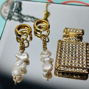 MAYAMAR 24K Gold Plated Huggi Earrings with Fresh Water Pearls Charms. $129